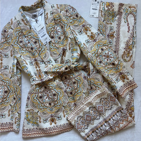 NWT Zara linen blend multi-colored patterned pant suit - Picture 5 of 7